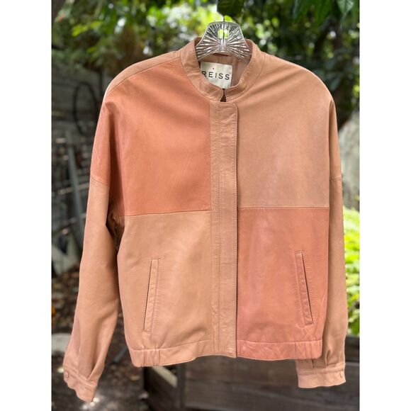 Reiss Blush Apricot Colorblock Lamb Leather Bomber Jacket Coat Size L oversized - Picture 1 of 8